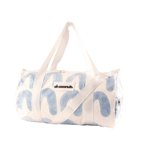 blue and white gym or duffel bag, with white straps