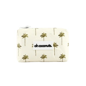 Small pouch with palm tree pattern and 'oh coconuts' label on a black background