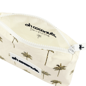 Beige pouch with palm tree pattern and 'oh coconuts' branding on a white background