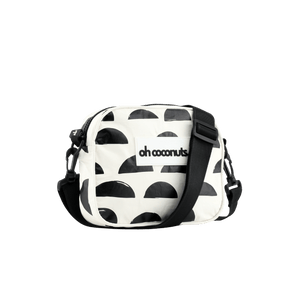 White bag with black pattern and 'oh coconuts' text on a white background