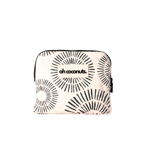 Small pouch with sunburst pattern and 'oh coconuts' branding on a white background