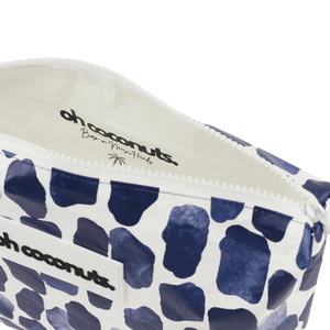 White pouch with blue abstract pattern and 'oh coconuts' branding on a white background