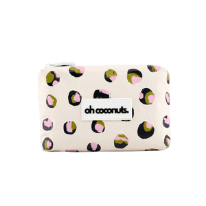 Small pouch with a leopard print pattern and 'oh coconuts' label on a white background