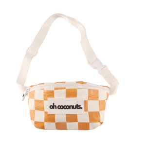 Checkered bag with 'oh coconuts.' text on a white background