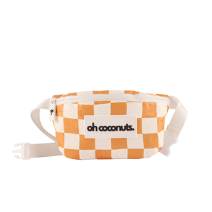Checkered fanny pack with 'oh coconuts.' branding on a white background