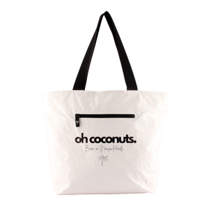 White tote bag with black text and zipper on a white background