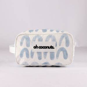 Blue arches bathroom and cosmetic bag with water proof wipe clean material. 
