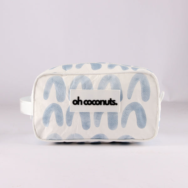 Blue arches bathroom and cosmetic bag with water proof wipe clean material. 