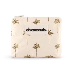 Small pouch with palm tree pattern and 'oh coconuts' label on a white background
