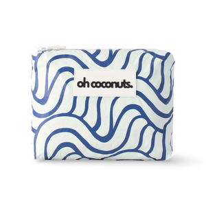 Pouch with blue wavy pattern and 'oh coconuts' branding on a white background