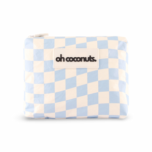 Checkered pouch with 'oh coconuts.' branding on a white background