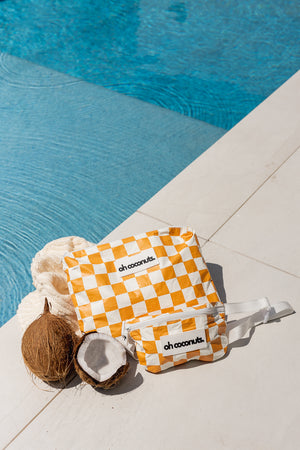 water resistant beach pouch and bum bag with coconuts for pool and beach
