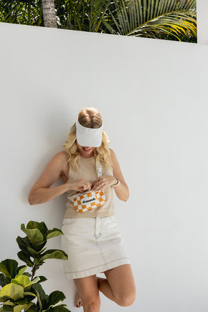 oh coconuts mustard checkered bum bag with inside pocket and adjustable strap. 