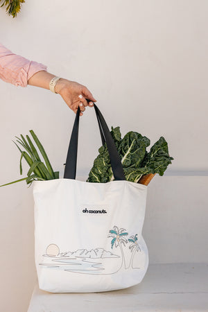 The everything tote beach bag with food for farmers market and shopping. 