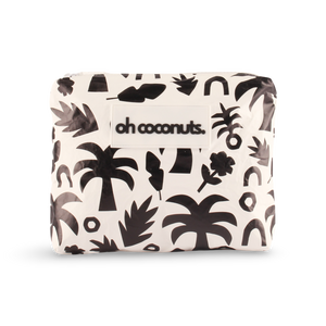 Patterned pouch with 'oh coconuts.' text on a white background