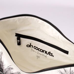 Born in noosa heads duffel and gym bag with black and white palm tree design and multiple pockets. 