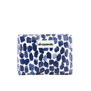 Blue and white patterned pouch with 'oh coconuts' branding on a white background
