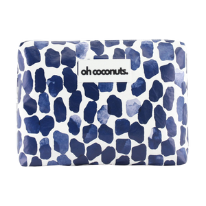 Blue and white patterned pouch with 'oh coconuts' label on a white background