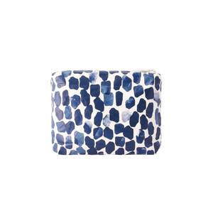 Blue and white patterned pouch on a white background
