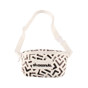 Small bag with a geometric pattern and 'oh coconuts' logo on a white background