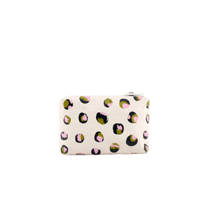 Rectangular pouch with a pattern of colorful circles on a white background