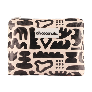 Patterned pouch with 'oh coconuts' branding on a beige background