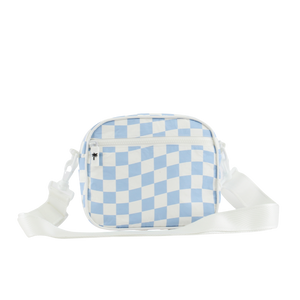 Checkerboard patterned bag with white strap on a black background