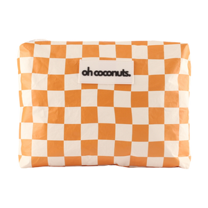 Checkered orange and white pouch with 'oh coconuts' label on a white background