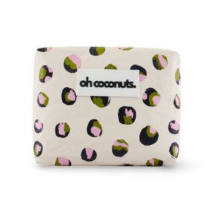 Rectangular pouch with coconut pattern and 'oh coconuts' label on a white background